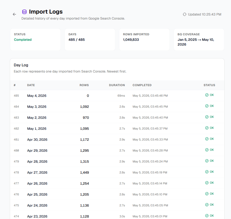 Historical data import settings